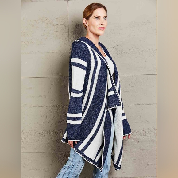 Long Hooded Oversized Knit Open Front Drape Cardigan Handkerchief Bohemian Chic - Picture 11 of 14